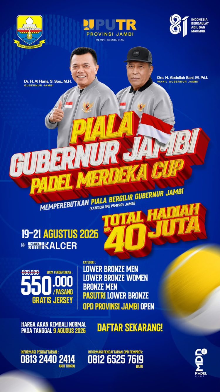 Meriahkan HUT ke-81 RI, PUTR Provinsi Jambi Gelar Turnamen “Piala Gubernur Jambi Padel Merdeka Cup” 