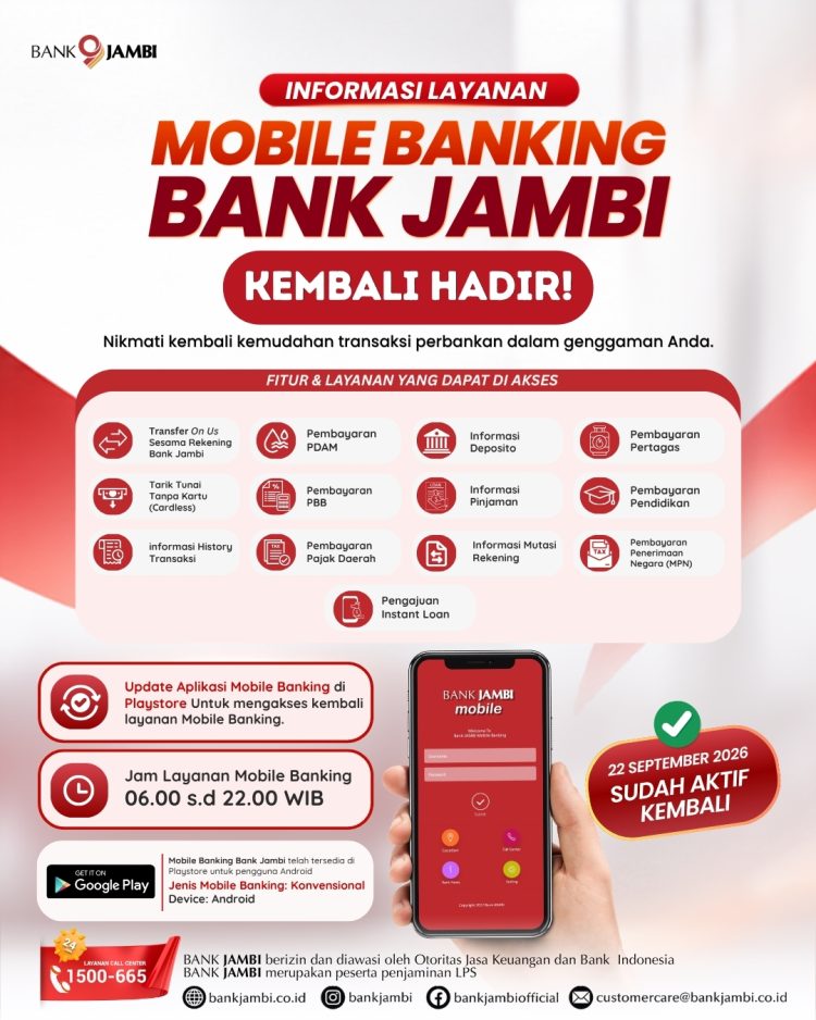 Mobile Banking Bank Jambi Kembali Aktif, Nasabah Diimbau Segera Perbarui Aplikasi